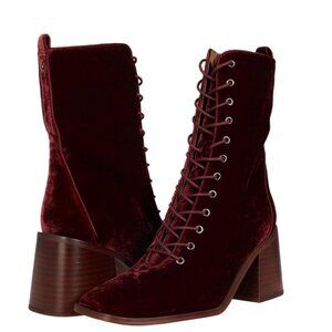 Sam Edelman Westie 2 Brick Velvet Lace Up Square Toe Block Heel Boots SZ 8.5